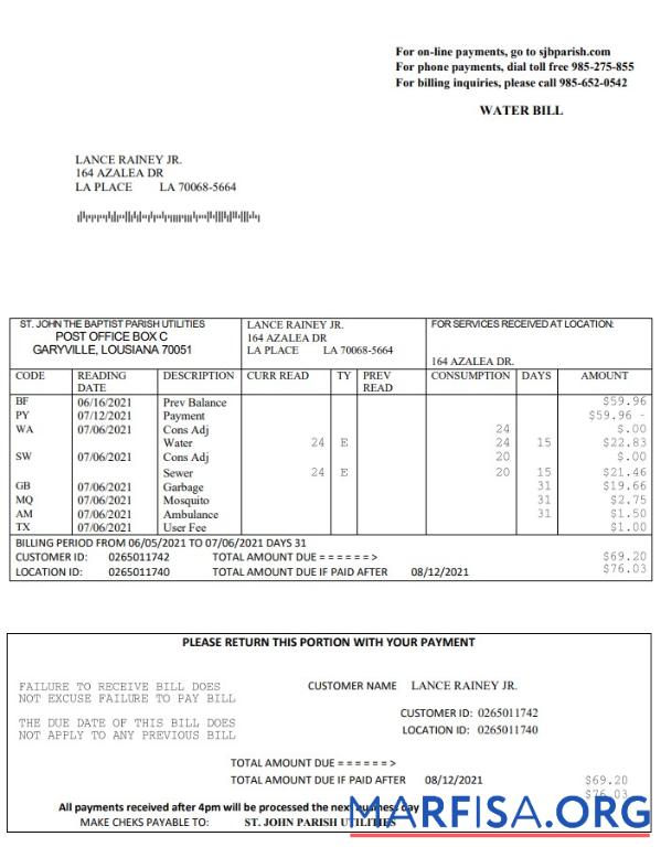 Realistic USA Louisiana St. John the Baptist Parish water bill in Word and PDF format real example
